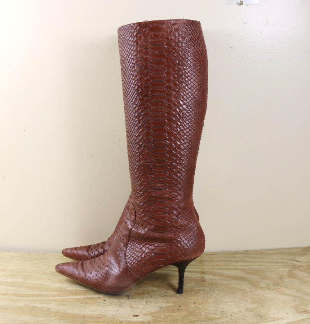 Max Studio Boots 8M Brown Leather Snake Python Print Point Toe Glamrock Boho